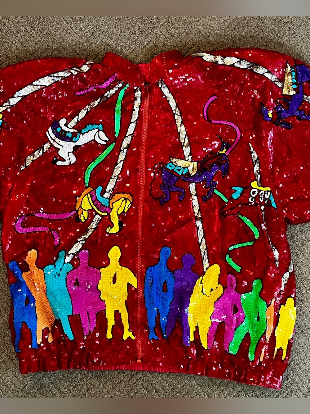 Rare VINTAGE Modi Red Sequin Zip-Up Jacket with Colorful Carousel Figures M 8/10